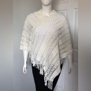Cream Fringed V Cut Sequins Poncho